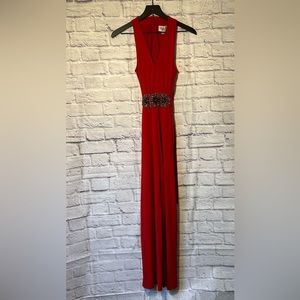 Beige by Eci red embellished sleeveless v- neck jumpsuit